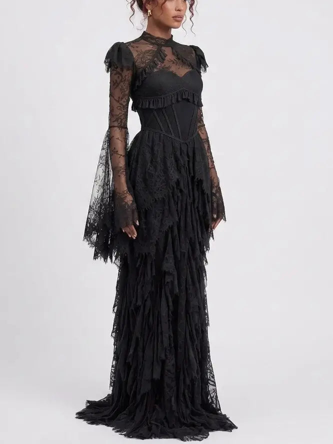 Victorian Lace Open Back Maxi Dress with Tassels - Dresses