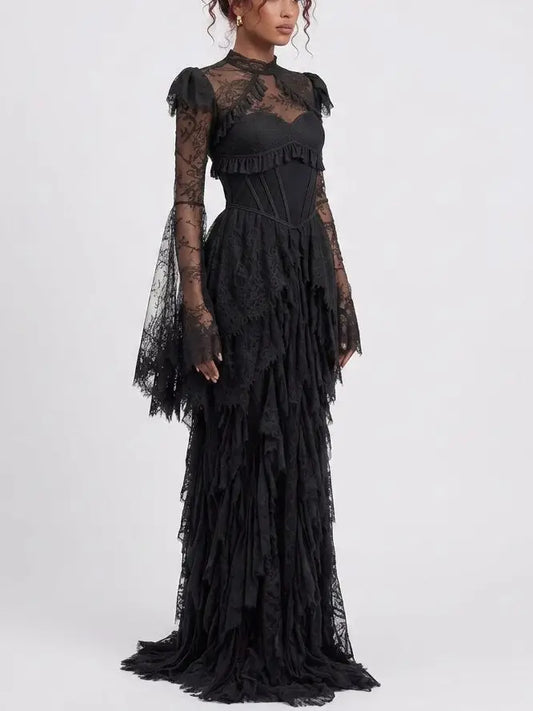 Victorian Lace Open Back Maxi Dress with Tassels - Dresses