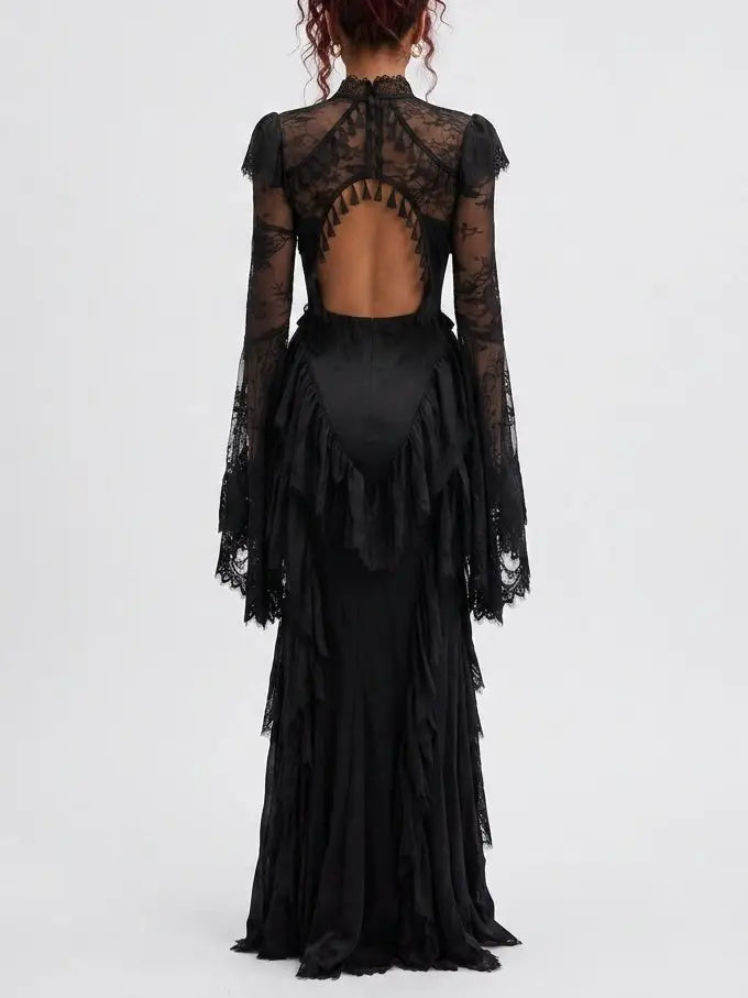 Victorian Lace Open Back Maxi Dress with Tassels - Dresses