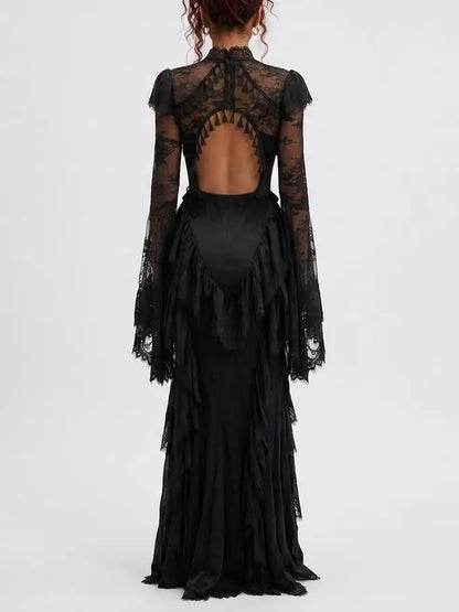 Victorian Lace Open Back Maxi Dress with Tassels - Dresses