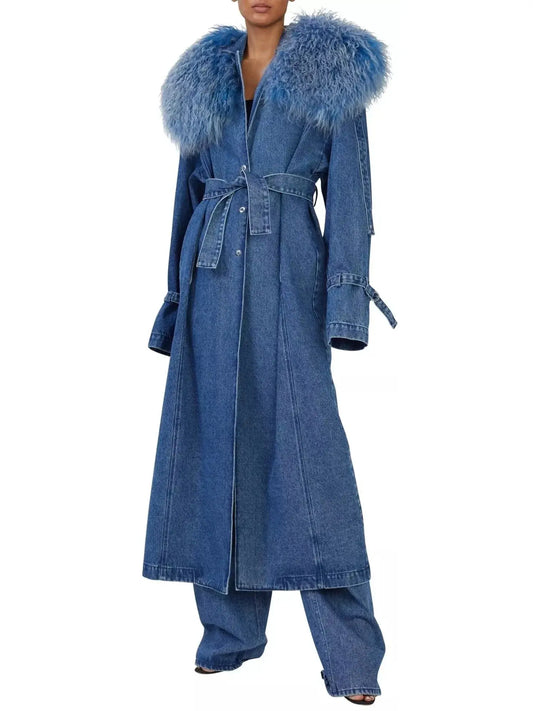 Vintage Denim Relaxed Trench Coat With Shearling, Blue - Branna Couture