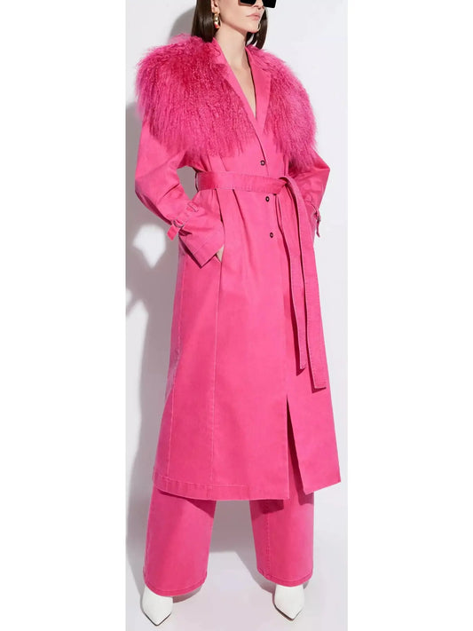 Vintage Denim Relaxed Trench Coat With Shearling, Pink - Branna Couture