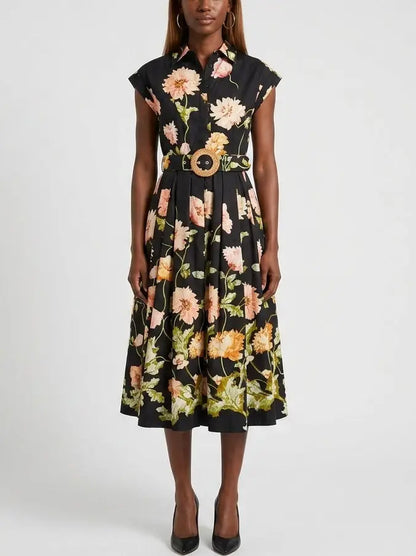 Vintage Botanical Belted Fit and Flare Dress - S - Dresses