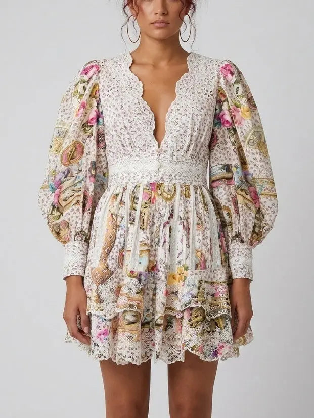 Floral Lace Trim Puff Sleeve Mini Dress - XS - Dresses