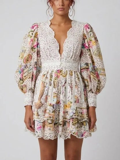 Floral Lace Trim Puff Sleeve Mini Dress - XS - Dresses