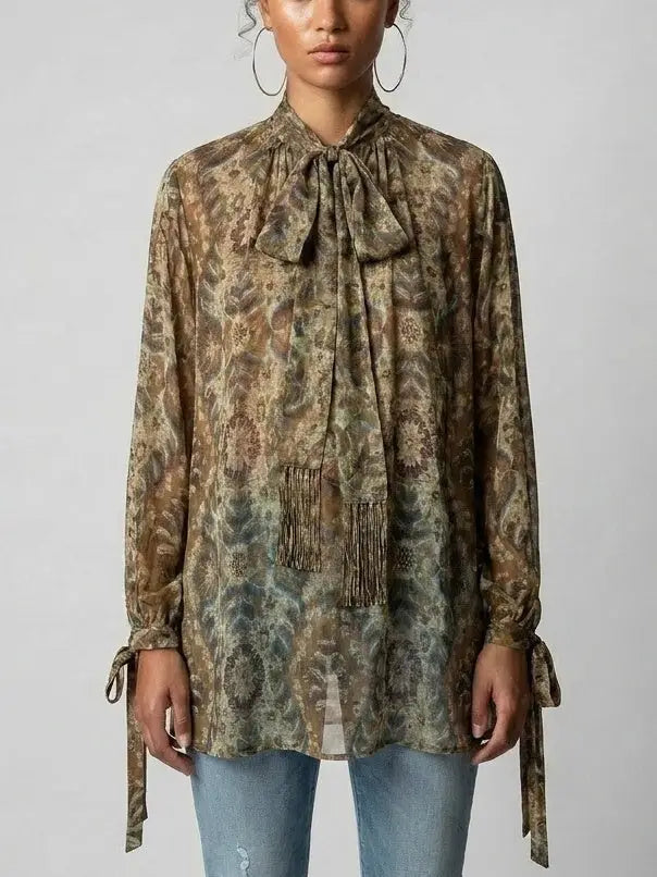 Vintage Print Silk Tie-Neck Blouse - Small - Tops