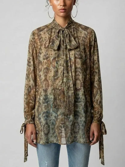 Vintage Print Silk Tie-Neck Blouse - Small - Tops