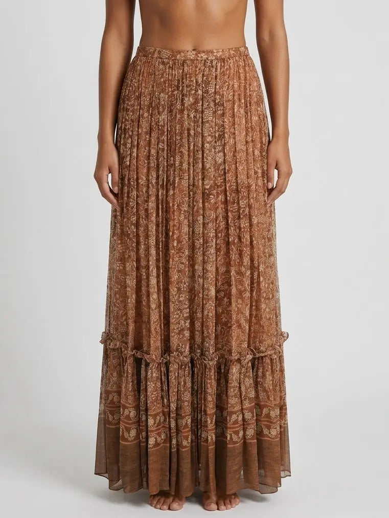 Vintage Printed Silk Pleated Maxi Skirt - Small - Skirts