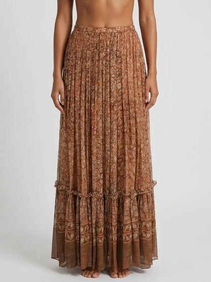 Vintage Printed Silk Pleated Maxi Skirt - Small - Skirts