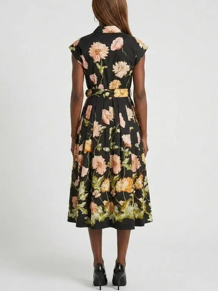 Vintage Botanical Belted Fit and Flare Dress - Dresses