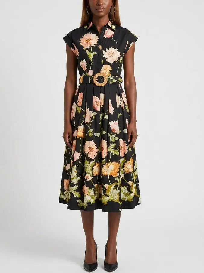 Vintage Botanical Belted Fit and Flare Dress - Dresses