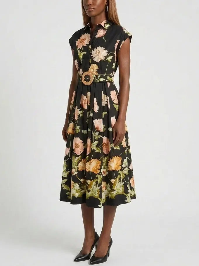 Vintage Botanical Belted Fit and Flare Dress - Dresses