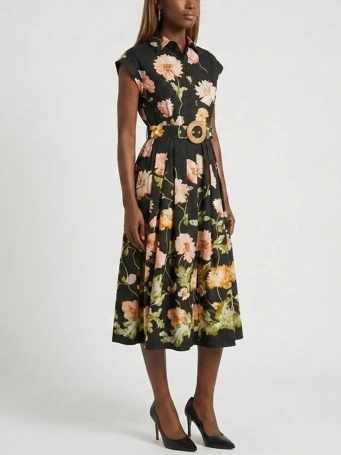Vintage Botanical Belted Fit and Flare Dress - Dresses