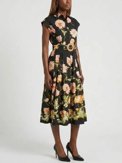 Vintage Botanical Belted Fit and Flare Dress - Dresses