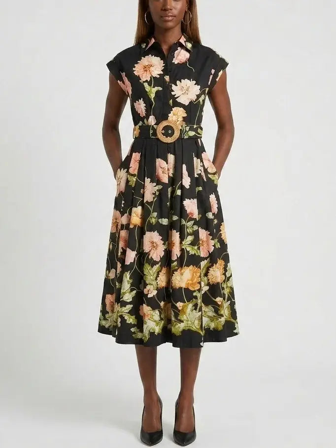 slim fit dress slacks Vintage Botanical Belted Fit and Flare Cotton Midi Dress