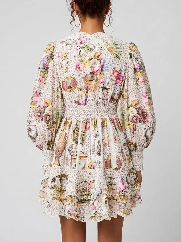 Floral Lace Trim Puff Sleeve Mini Dress - Dresses