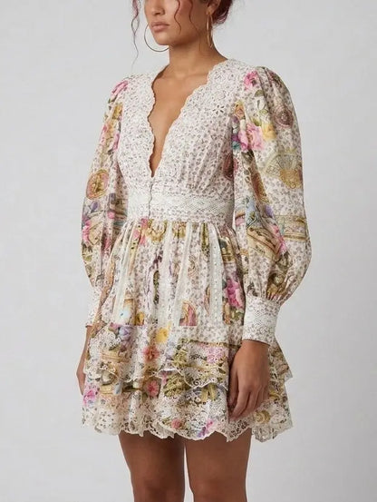 Floral Lace Trim Puff Sleeve Mini Dress - Dresses