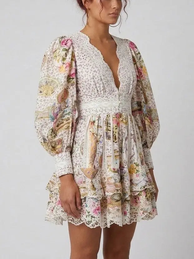 Floral Lace Trim Puff Sleeve Mini Dress - Dresses