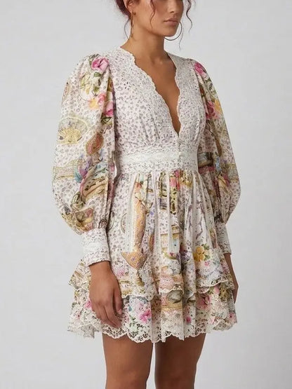 Floral Lace Trim Puff Sleeve Mini Dress - Dresses