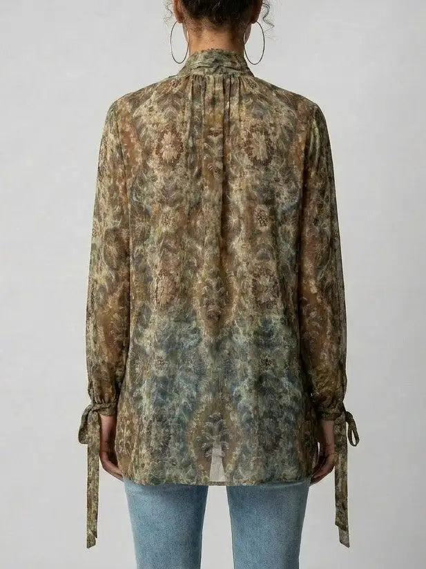 Vintage Print Silk Tie-Neck Blouse - Tops