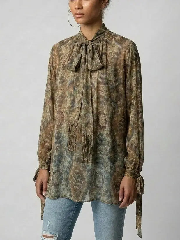 Vintage Print Silk Tie-Neck Blouse - Tops