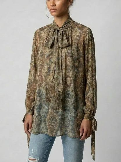 Vintage Print Silk Tie-Neck Blouse - Tops