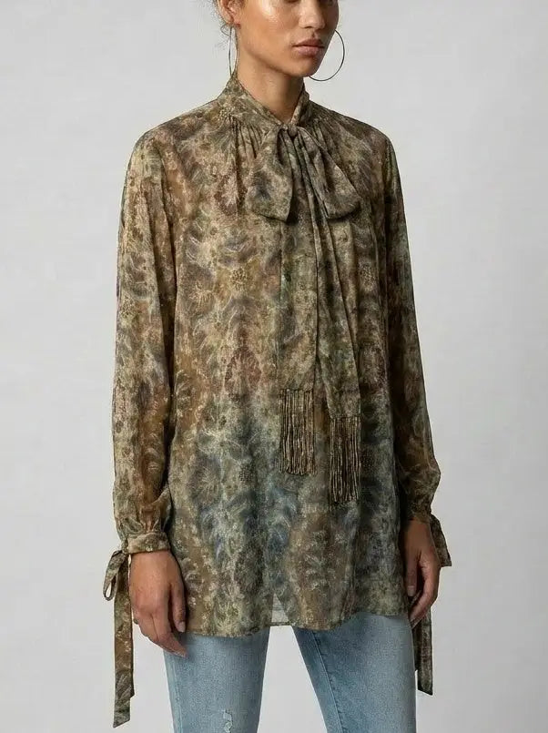 Vintage Print Silk Tie-Neck Blouse - Tops