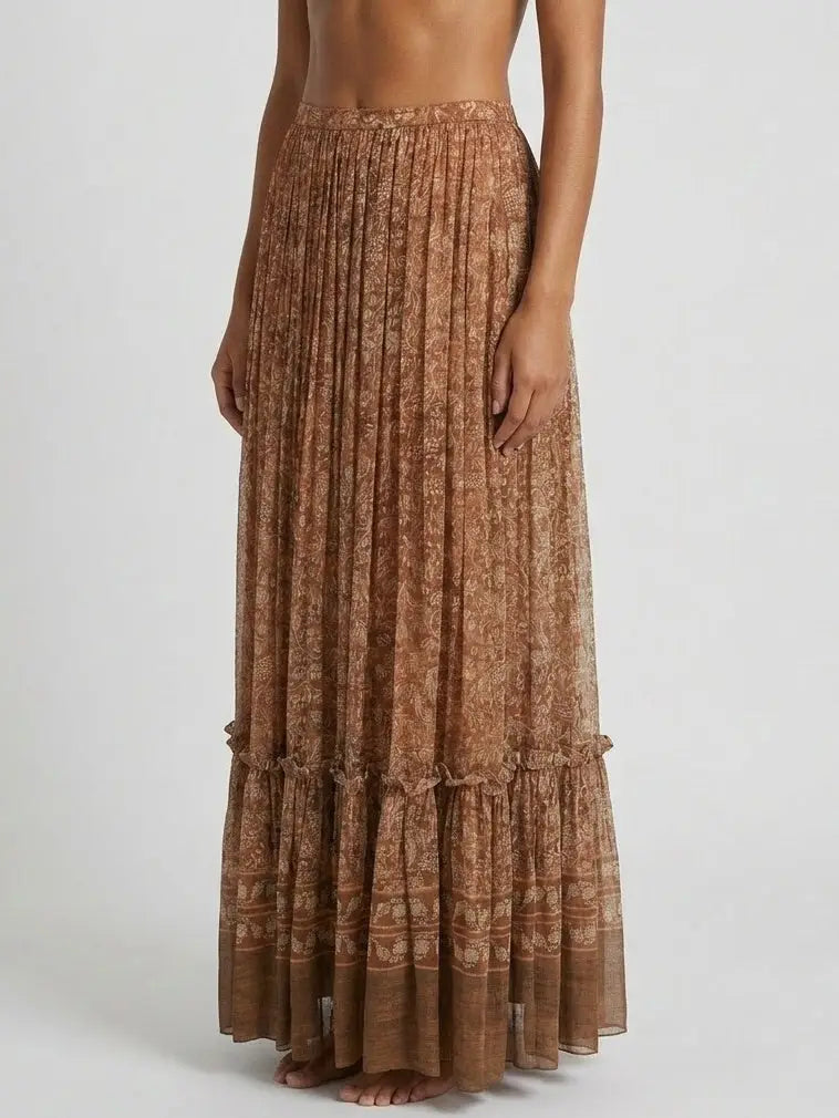 Vintage Printed Silk Pleated Maxi Skirt - Skirts