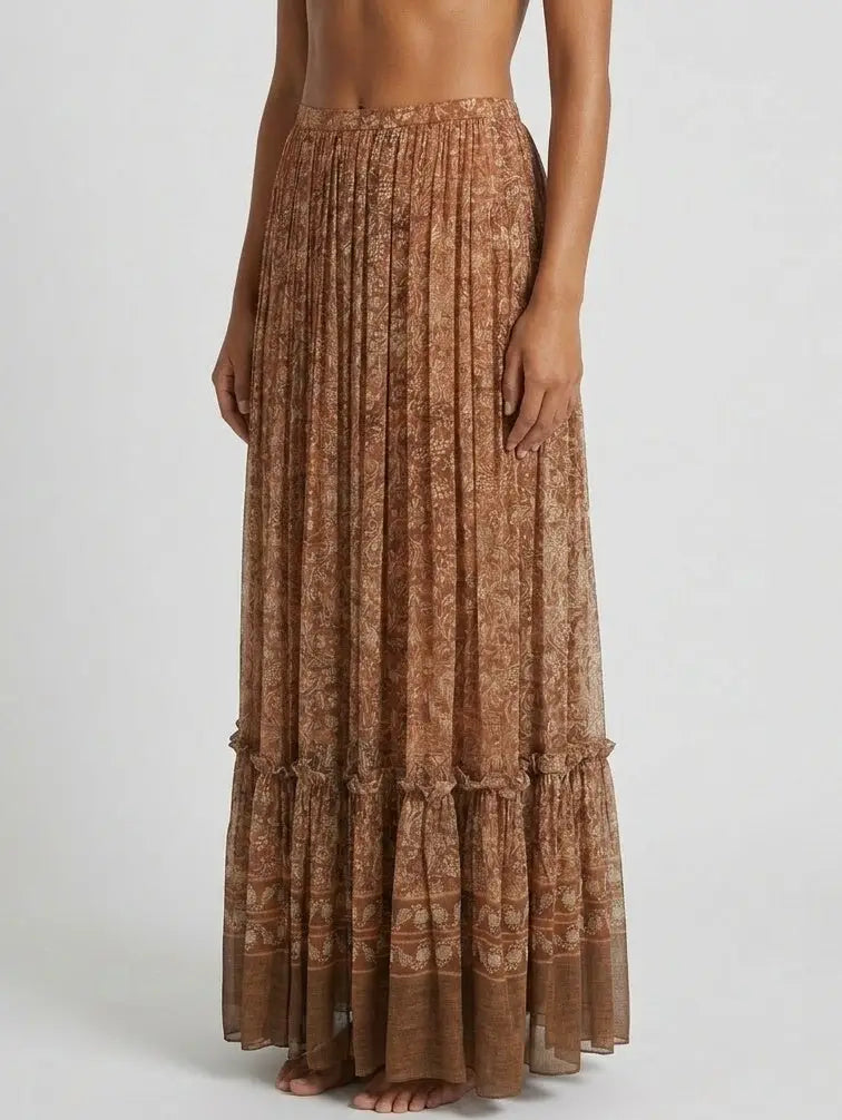 Vintage Printed Silk Pleated Maxi Skirt - Skirts