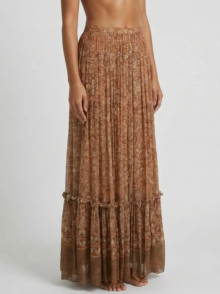 Vintage Printed Silk Pleated Maxi Skirt - Skirts