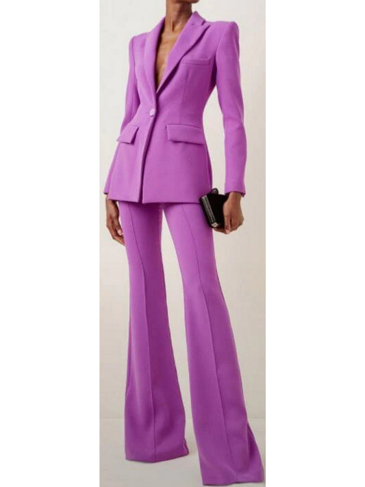 Violet Single-Breasted Crepe Blazer Jacket and Pant Suit - Branna Couture