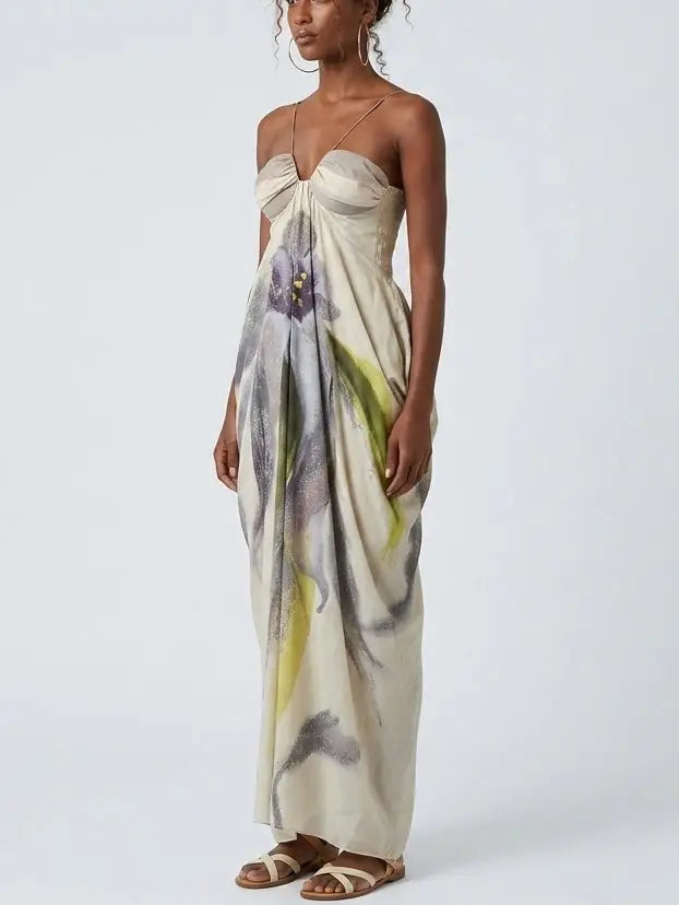 Watercolor Floral Draped Maxi Dress - Dresses