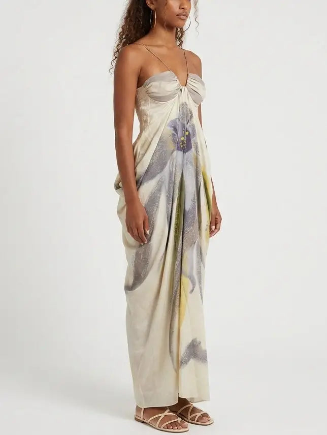 Watercolor Floral Draped Maxi Dress - Dresses