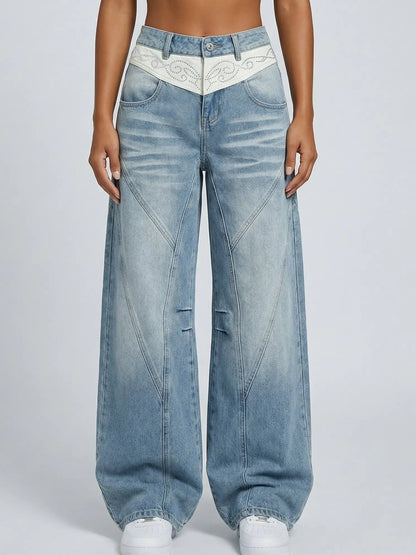 Western-Style Embellished Wide-Leg Jeans - Small / Light Blue