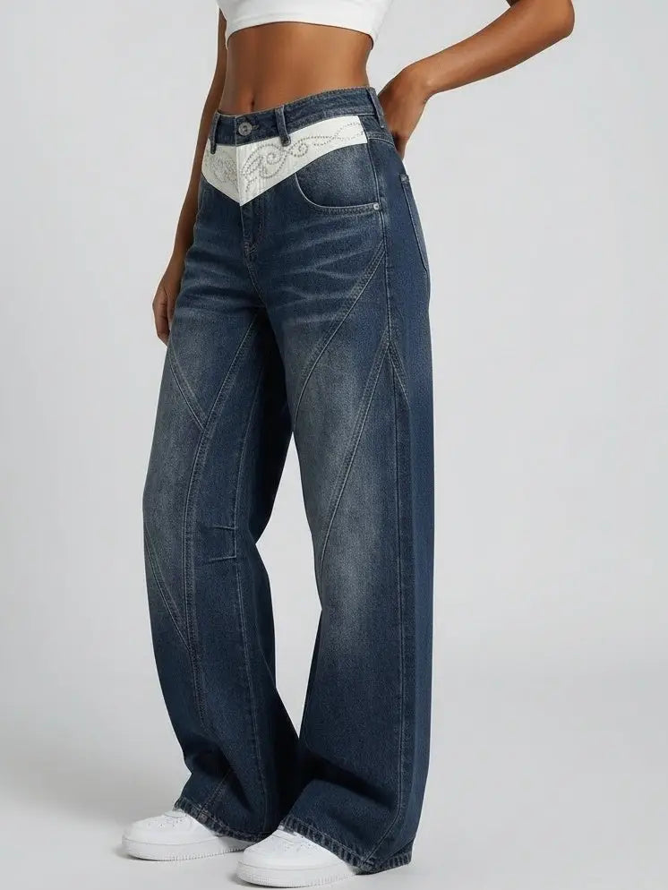 Western-Style Embellished Wide-Leg Jeans