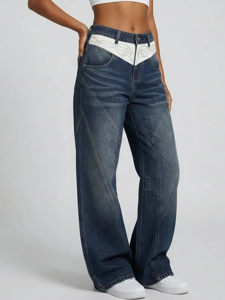 Western-Style Embellished Wide-Leg Jeans
