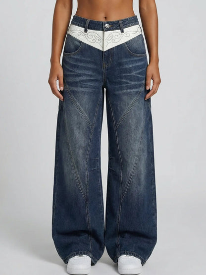 Western-Style Embellished Wide-Leg Jeans - Small / Blue
