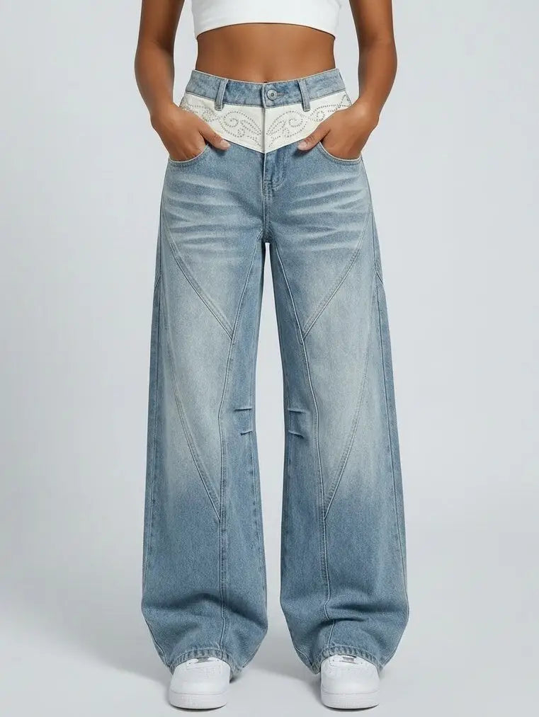 Western-Style Embellished Wide-Leg Jeans