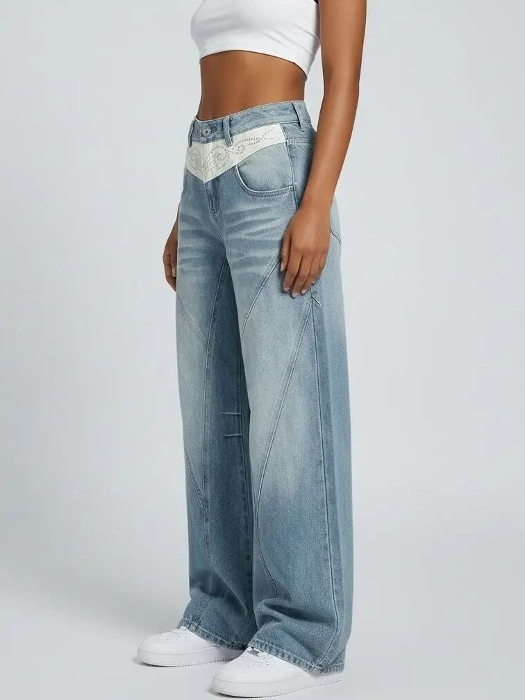 Western-Style Embellished Wide-Leg Jeans