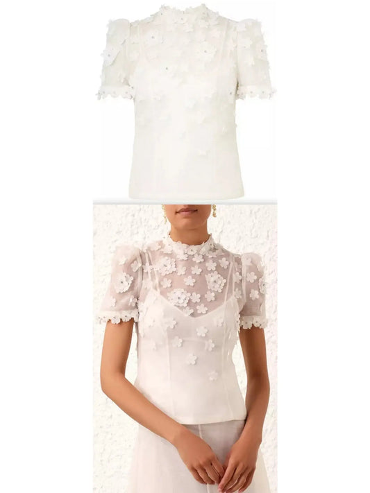 White Floral Appliques Linen and Silk Top - Branna Couture