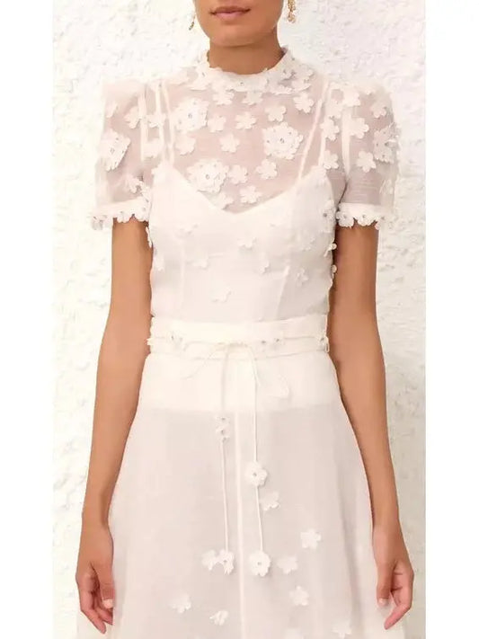 White Floral Appliques Linen and Silk Top - Branna Couture