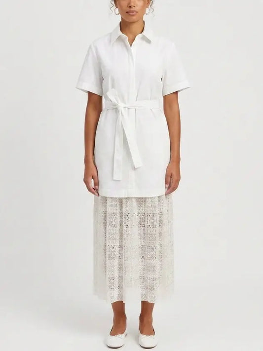 White Belted Shirt Dress with Lace Trim Midi Skirt - XS - Dresses
