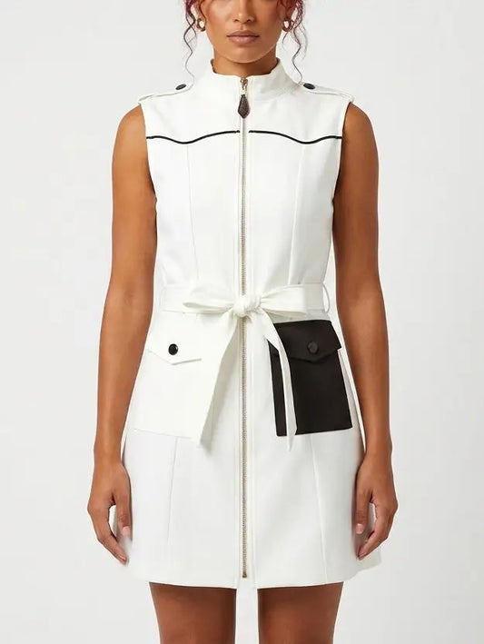 White Contrast Pocket Zip Front Vest Mini Dress - Small - Dresses