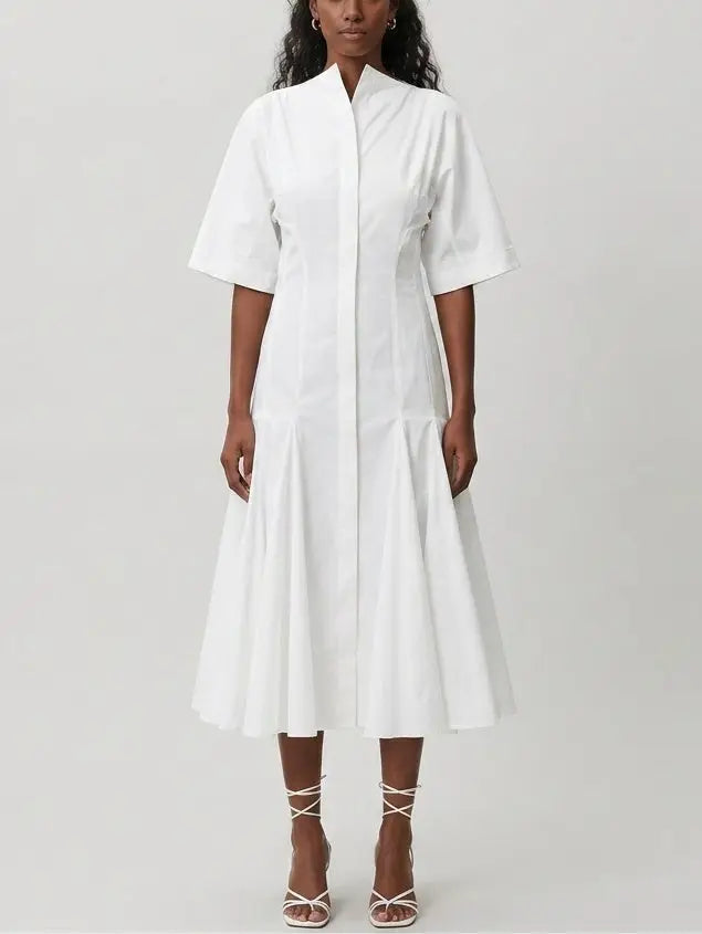 White Cotton Poplin Fit and Flare Midi Shirt Dress - Small - Dresses