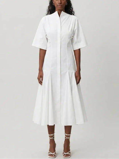 White Cotton Poplin Fit and Flare Midi Shirt Dress - Small - Dresses
