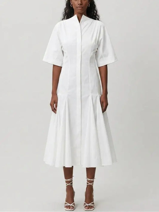 White Cotton Poplin Fit and Flare Midi Shirt Dress - Small - Dresses