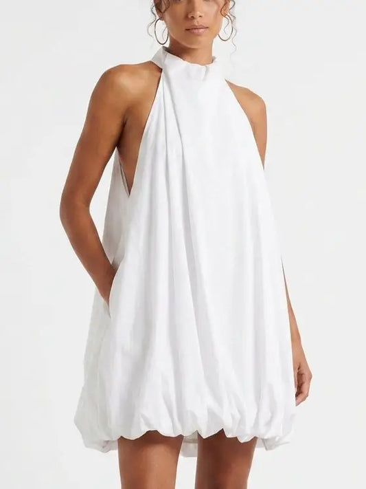 White Cotton Poplin Halterneck Bubble Mini Dress - Small - Dresses