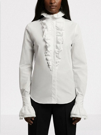 White Cotton Ruffled High-Neck Shirt - Small - Tops