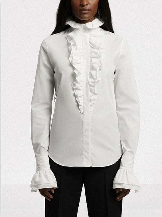 White Cotton Ruffled High-Neck Shirt - Small - Tops