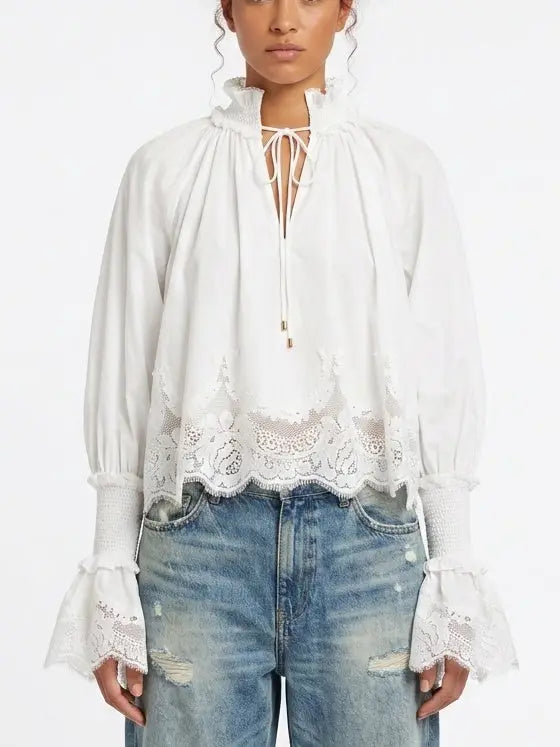 White Cotton Tie Neck Blouse with Shirred Cuffs - Small - Tops